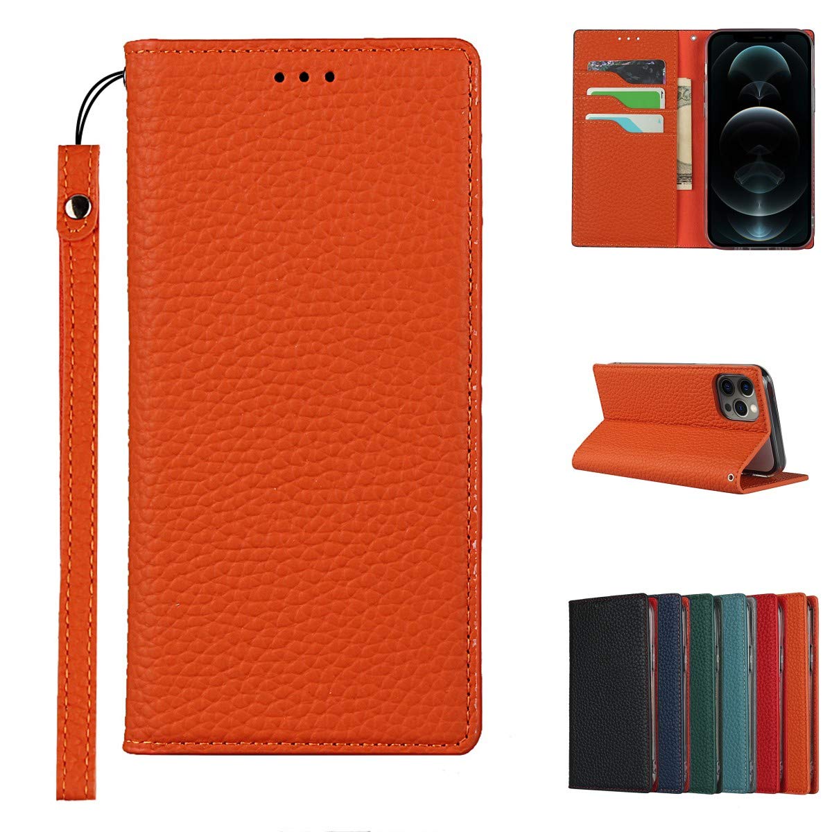 Copmob Case Compatible for iPhone 12/12 Pro With Card Holder With Strap,Genuine Leather Flip Wallet Case,[3 Slots][Magnetic Closure][RFID-Blocking],Phone Case Cover for iPhone 12/12 Pro - Orange