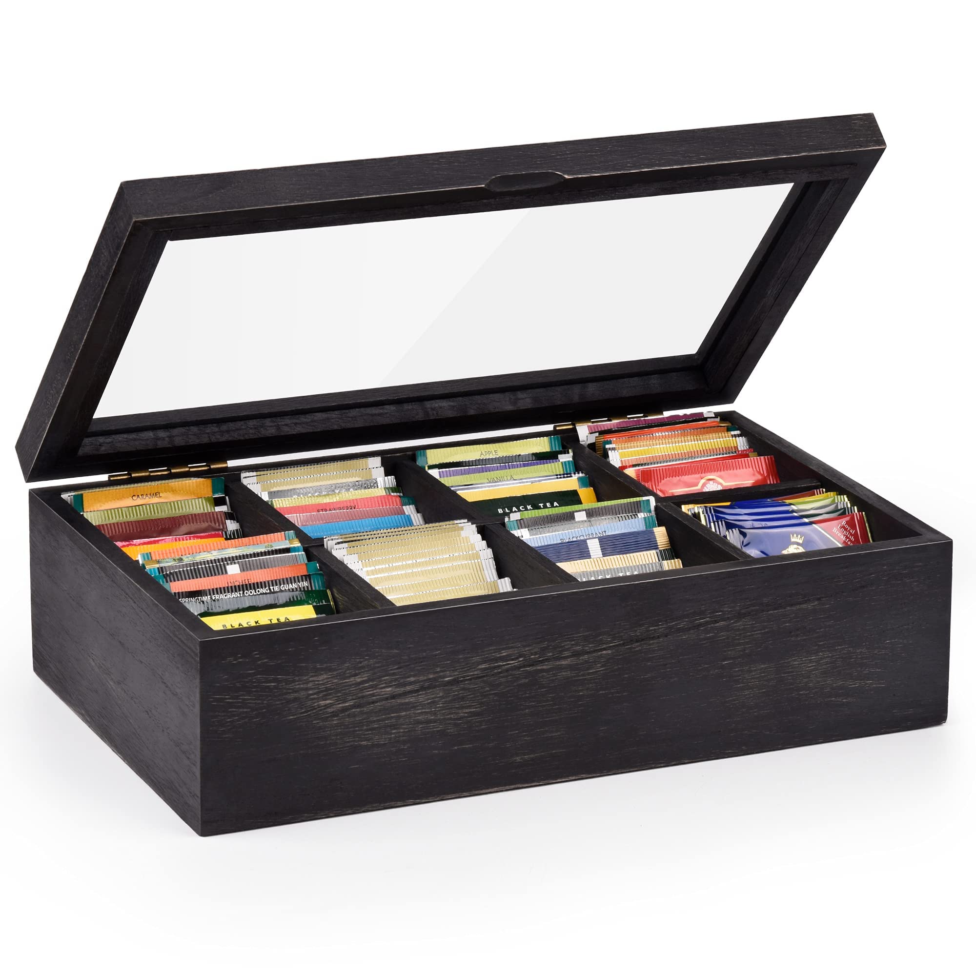 Alsonerbay Tea Box Organiser, Wooden Kitchen Tea Bag Storage Box for Organizing Spice Pouches and Sugar Packets with 8 Compartments and Clear Glass Cover Weathered Black