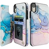 HAOPINSH for iPhone XR Case Wallet with Card Holder, Pink Blue Marble Pattern Back Flip Folio PU Leather Kickstand Card Slots Case for Women Girls, Double Magnetic Clasp Shockproof Cover 6.1"