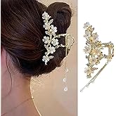 Jasmine Flower Claw Clips for Women Metal Non-Slip Claw Clip With Rhinestones Pearl Tassel Design Floral Hair Clips Cute Claw Clips for Thick Hair Claw Clips Flower for Women