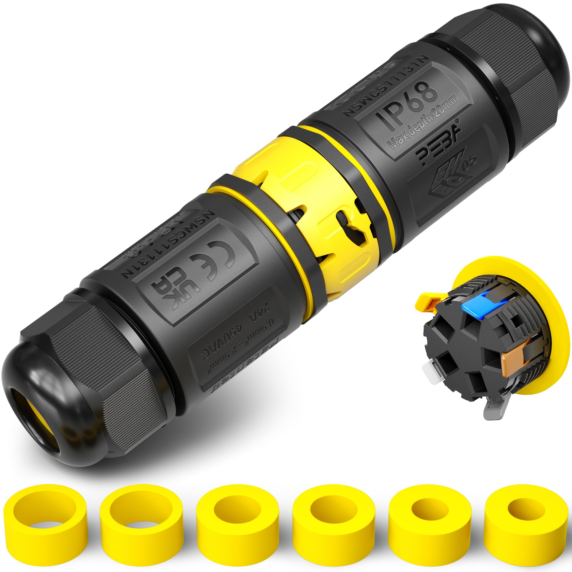 PEBA Cable Connector, Waterproof, 5-Pin, IP68, Plug-in Waterproof Cable Connector, Cable Quick Connector with Plug and Socket for 4-12 mm, Connection Clamp with Lever Black, Pack of 1