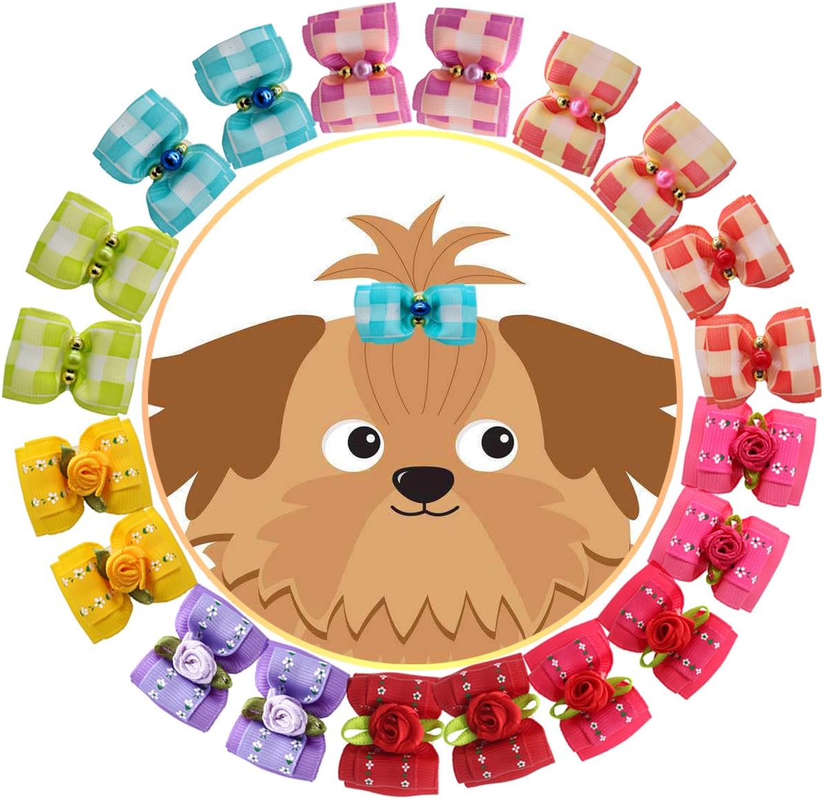 HOLLIHI 20pcs / 10 works Adorable Grosgrain Ribbon Pet Dog Hair Bows with Rubber Bands