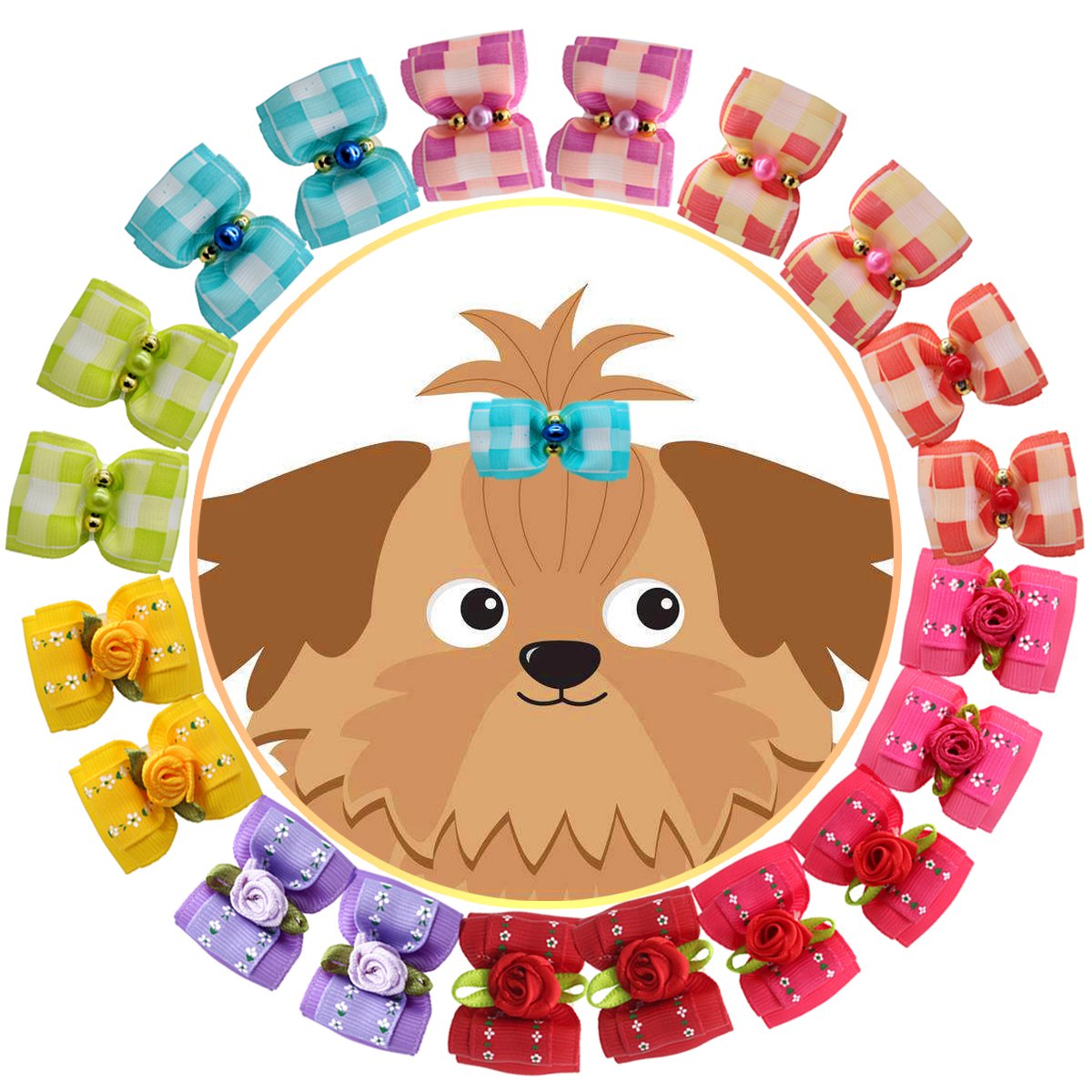 HOLLIHI 20pcs / 10 Pairs Adorable Grosgrain Ribbon Pet Dog Hair Bows with Rubber Bands - Puppy Topknot Cat Kitty Doggy Grooming Hair Accessories Bow knots Headdress Flowers Set for Groomer