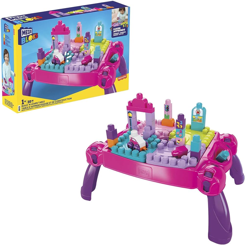 Mega Bloks Build N Learn Table Pink 29 pcs Folding Portable Toddler Toys