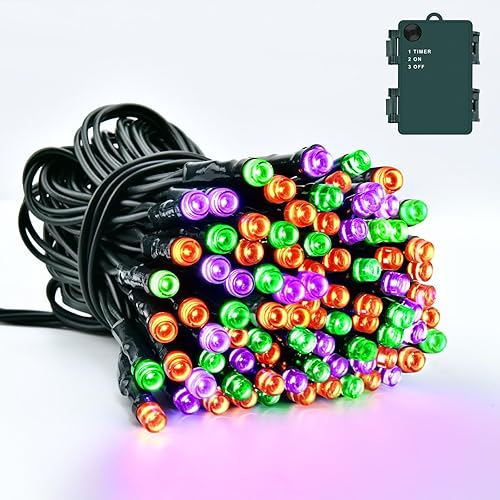 Dalugo Halloween Lights Orange Purple Green, 5M 50 LED Battery Operated Halloween Decorations Fairy Lights with Timer, IP65 Waterproof Indoor Outdoor String Light for Hallow‌ Decor(Green Wire)