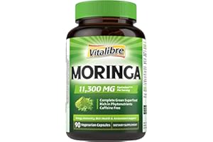 Vitalibre Moringa 11300 mg, Maximum Potency, Complete Green Superfood, Rich in Antioxidants, No Gluten & Caffeine, Non-GMO, Energy, Immune, Gut & Skin Health, 90 Vegan Capsules
