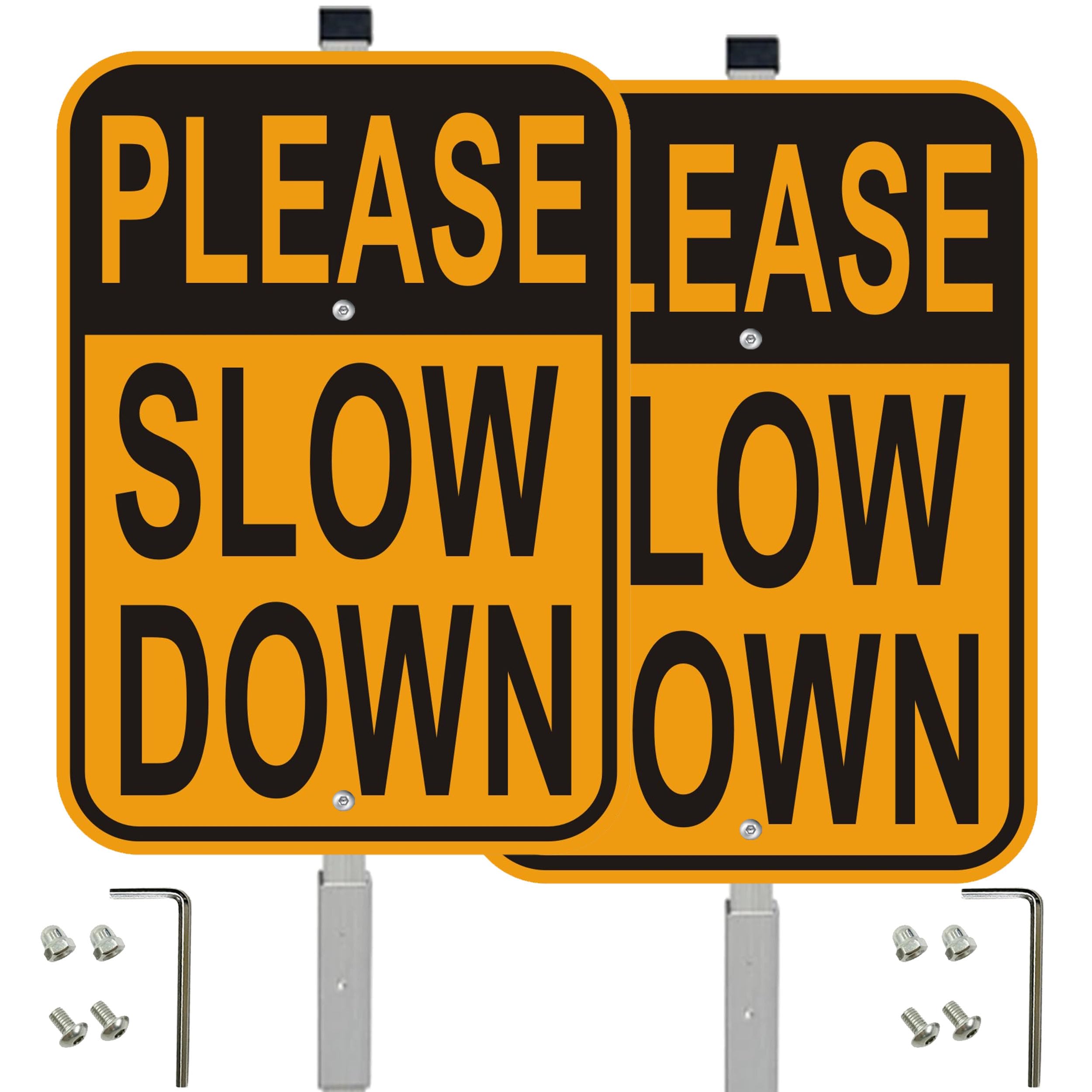 Photo 1 of 2 Pack Please Slow Down Yard Signs, with 36-inch Metal Stakes, 14"x10" Reflective Aluminum, Durable Warning Traffic Sign for Slower Speeds, Black and Yellow