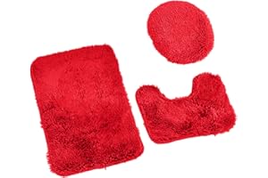 VIVIANYO HD Bathroom Rugs Sets 3 Piece Bath Rug + U-Shape Contour Mat + Toilet Seat Cover Ultra Soft Non Slip Bath Rug and Absorbent Bath Mat Sets for Bathroom Washable Carpets Set (Red)