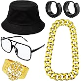 Riuziyi 5 Pack 80s 90s Hip Hip Costume Outfit Kit Bucket Hat Fake Gold Chain Sunglasses Dollar Sign Finger Ring Earring Hoop for Men Women Punk Rapper Jewelry Accessories