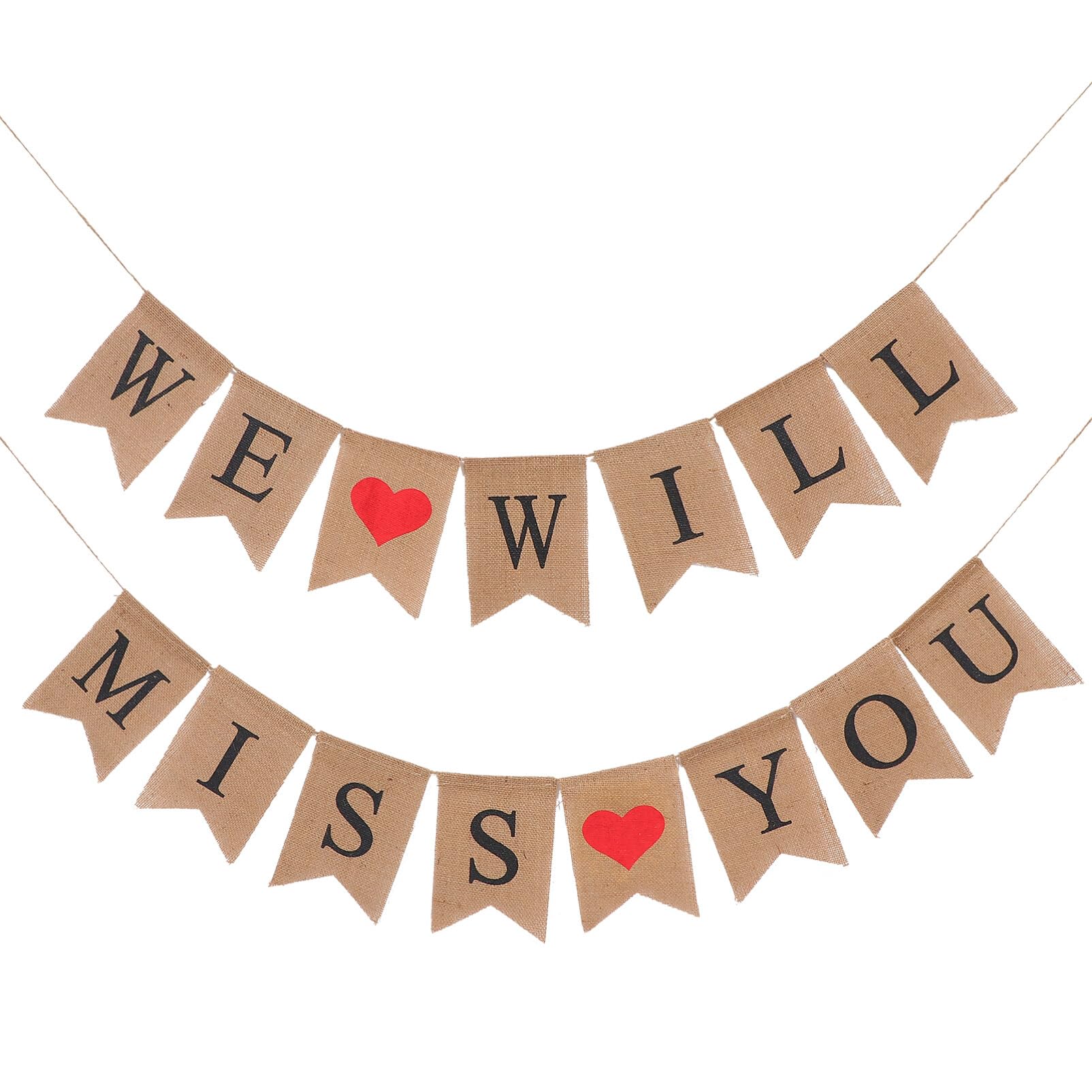 Amosfun We'll miss you bunting banner heart pattern linen burnlap banner swallowtail pull flag party decoration for Valentine's Day