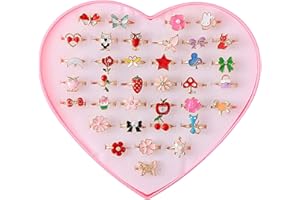 SANZHENG 36PCS Girl Adjustable Ring with Heart-Shaped Box, Little Girl Dress Up Ring Children's Jewelry for Birthday Gifts Ch