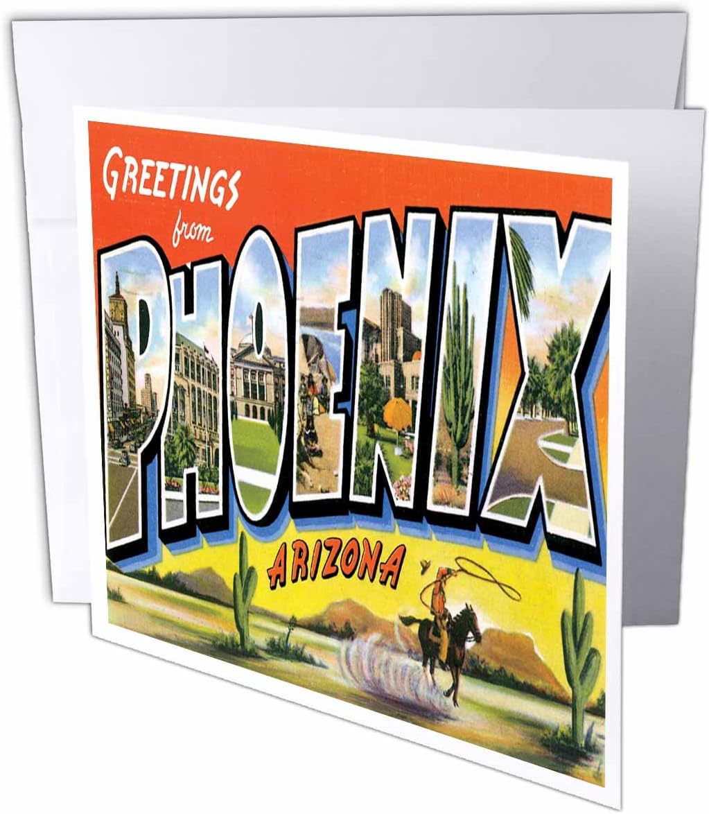 3dRose gc_160716_5 6 x 6-Inch Phoenix Arizona With Cowboy On A Horse With A Lasso And Scenes Of The City - Greeting Card - Image 3