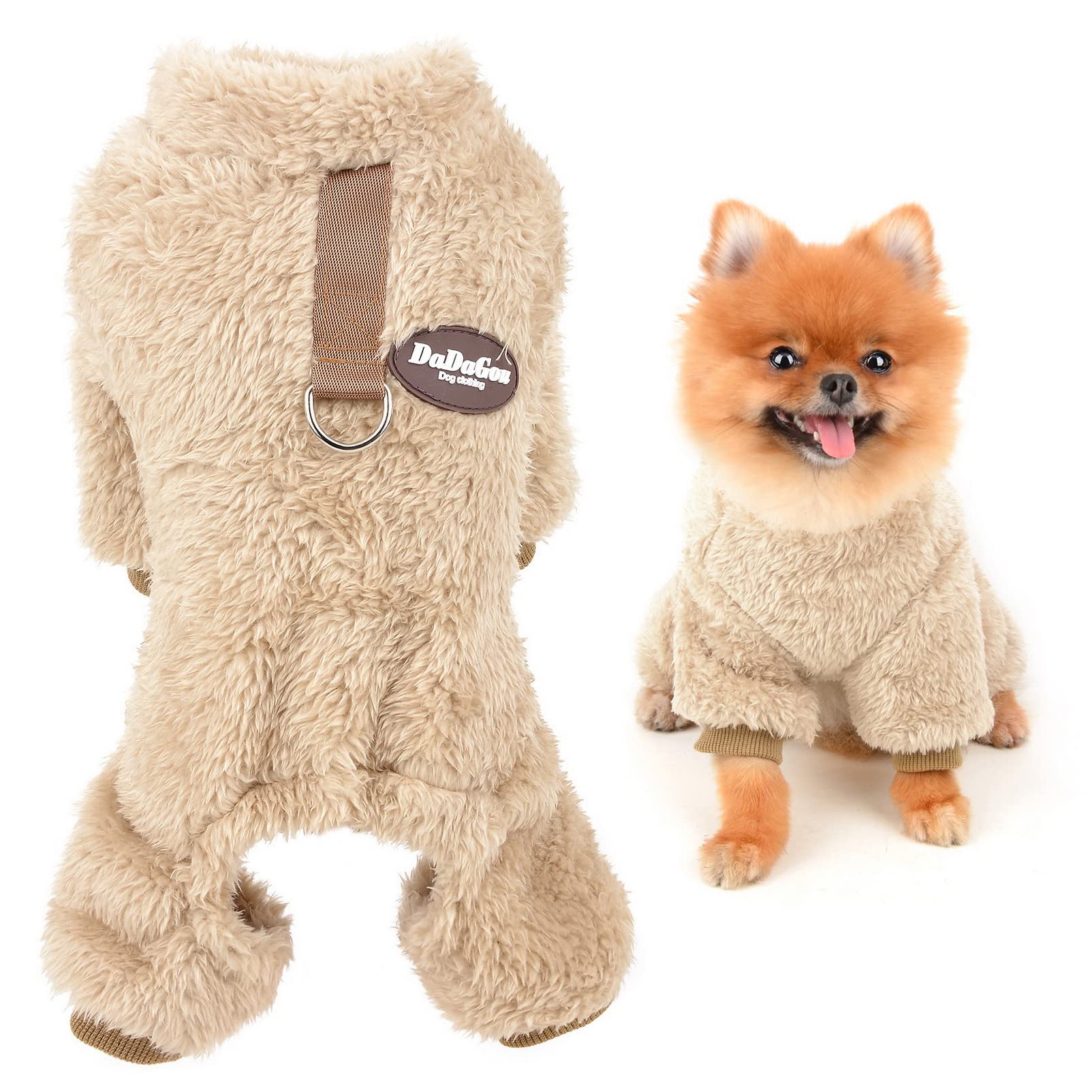 SMALLLEE_LUCKY_STORE Pet Thick Sherpa Fleece Pyjamas Pjs Jammies with D-ring for Small Dogs Cats Puppy Jumper Pajamas Jumpsuit Soft Coat Yorkie Chihuahua Warm Winter Clothes,Brown,L