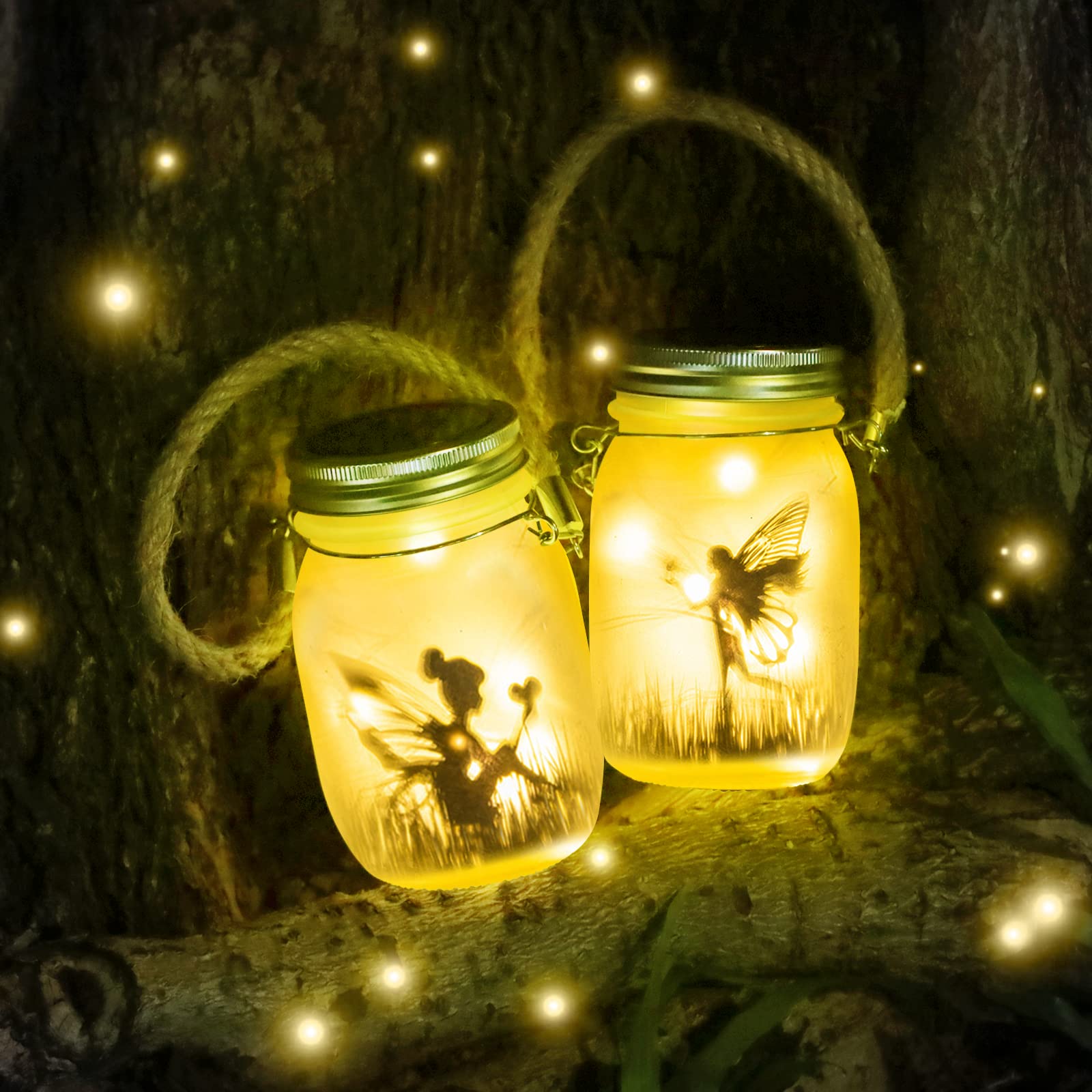 MLOQI 2 Hanging Solar Lanterns Outdoor Garden, Garden Decorations, Fairy Ornaments Outdoor