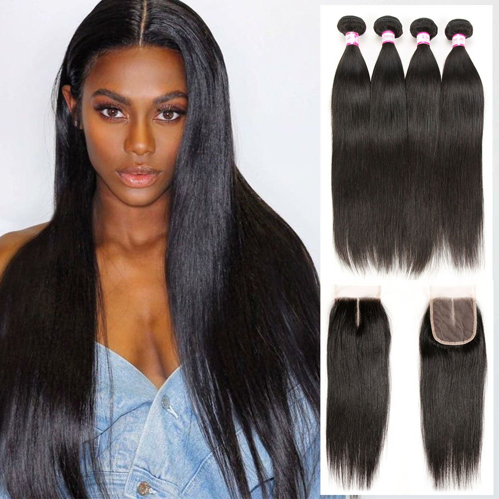 Amazon Com Brazilian Straight Hair 4 Bundles With Closure 100
