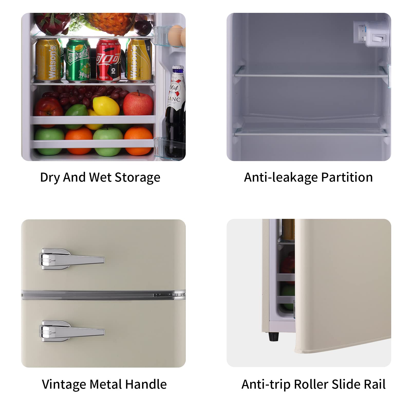 Retro Refrigerator with Freezer 3.5 Cu.Ft with 7 Level Adjustable Thermostat Control 2 Door Energy Saving Top-Freezer Compact Refrigerator Cream (KB03 FLS-80G-Cream-3)
