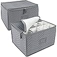 LotFancy Stemware Storage Containers, 2-Pack, Deluxe Quilted Storage Case with Dividers for 24 - Wine Glasses, Champagne Flutes, Glassware, Drinkware Storage Box Chest, 15.5”x12.5”x 10”, Gray