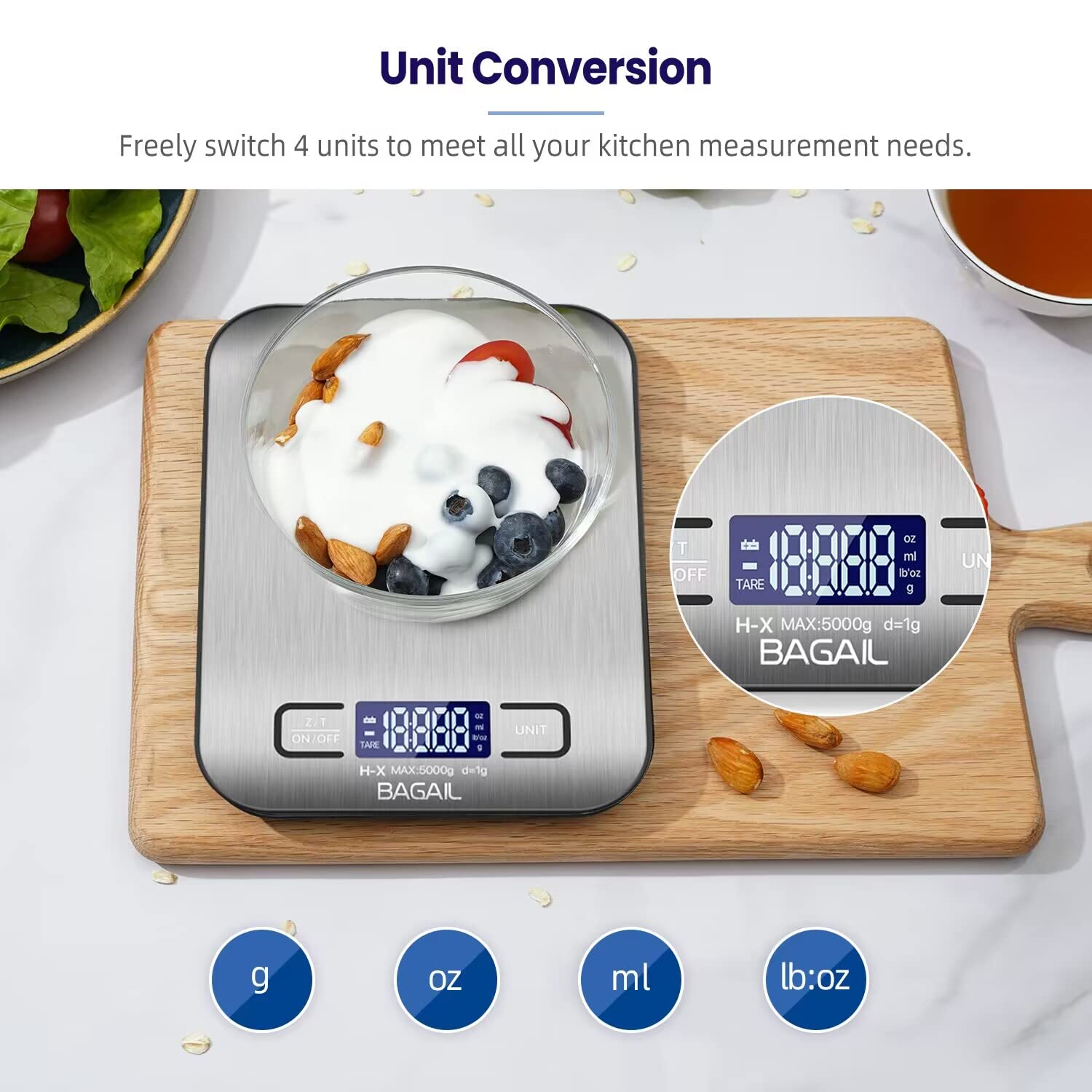BAGAIL BASICS Digital Kitchen Scale, Premium Stainless Steel Food Scales Weight Grams and Oz for Baking and Cooking, 11lb/5kg with 0.1oz/1g Precision