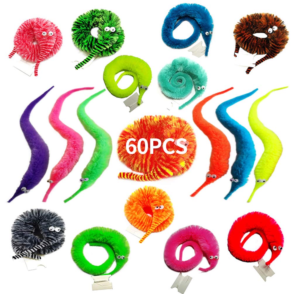 SHENGSEN 60 Pack Fuzzy Worm Toys String Pets Fuzzy Worms On String Bulk Trick Toy Party Favors for Kid Cat (12 Colors)