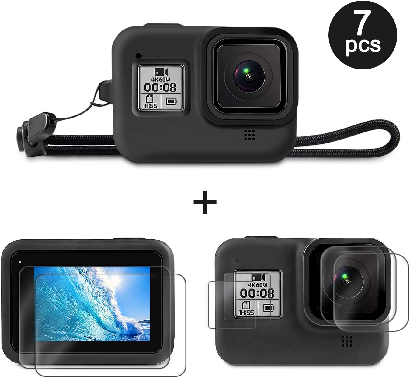 Deyard Accessories Kit for GoPro Hero 8 with Silicone Rubber Protective Case + 4pcs Ultra Clear Tempered Glass Screen Protector + 2pcs Display HD Lens Protector with GoPro Hero 8 Black