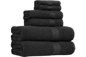 Amazon Basics 6 Piece Oversized Fade resistant Towel set, 100% Cotton towels for bathroom, soft and absorbent, 2 Bath Towels, 2 Hand Towels and 2 Washcloths bathroom towel set, Black