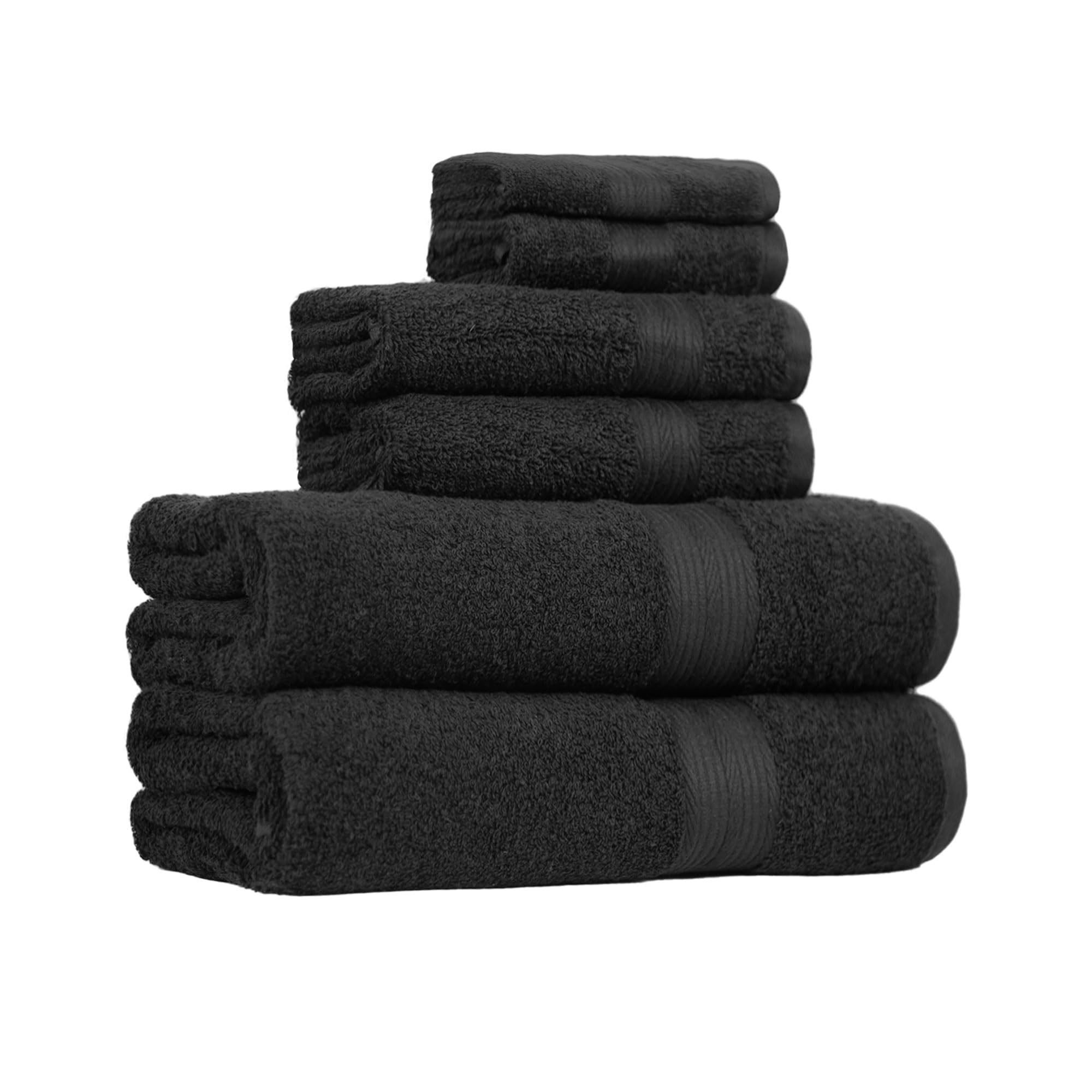 Photo 1 of Amazon Basics 6 Piece Oversized Fade resistant Towel set, 100% Cotton towels for bathroom, soft and absorbent, 2 Bath Towels, 2 Hand Towels and 2 Washcloths bathroom towel set, Black