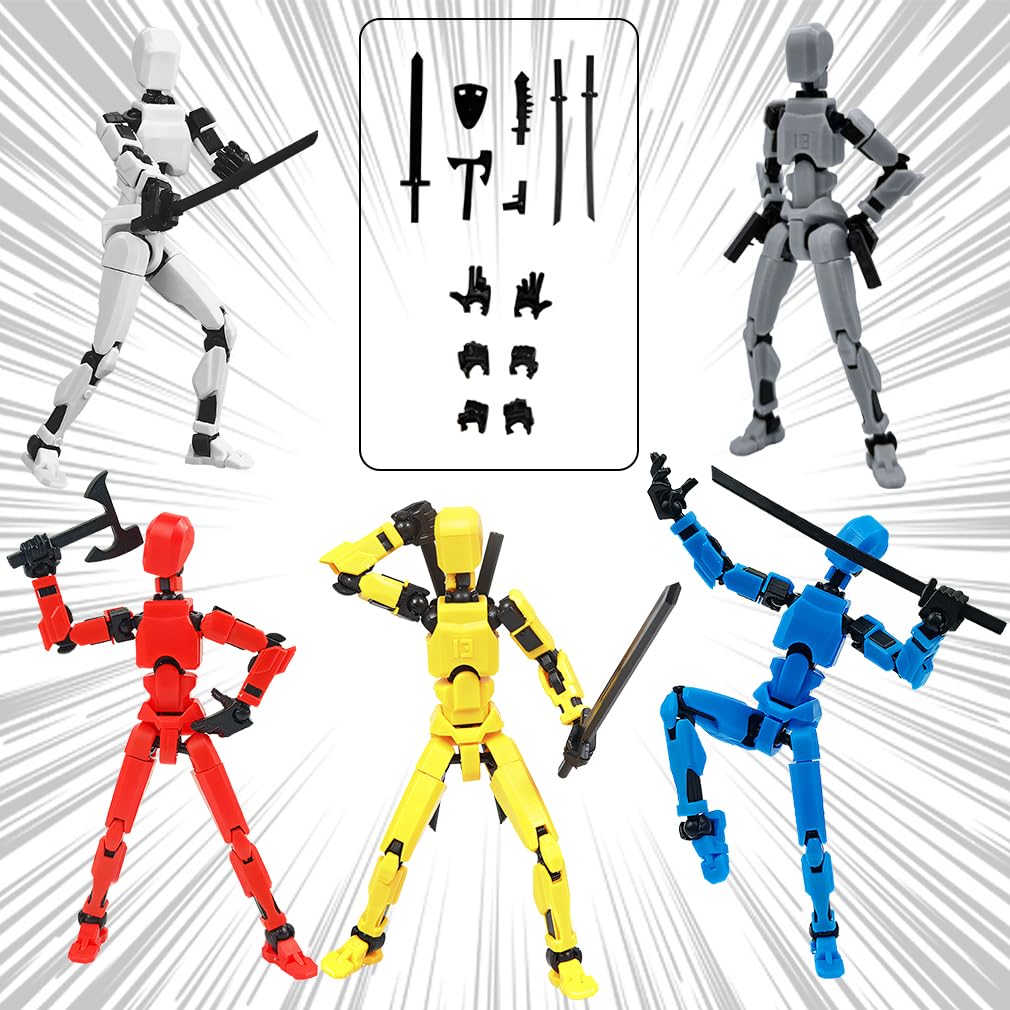 Cartlant 5Pcs T13 Action Figure Set, Titan Dummy Lucky T 13 3D Printed Model Figures, T-13 Plastic Robot Movable Anime Stop Motion Figurine Articulated Movie Poseable Boys Kids Toys with 3 Hands