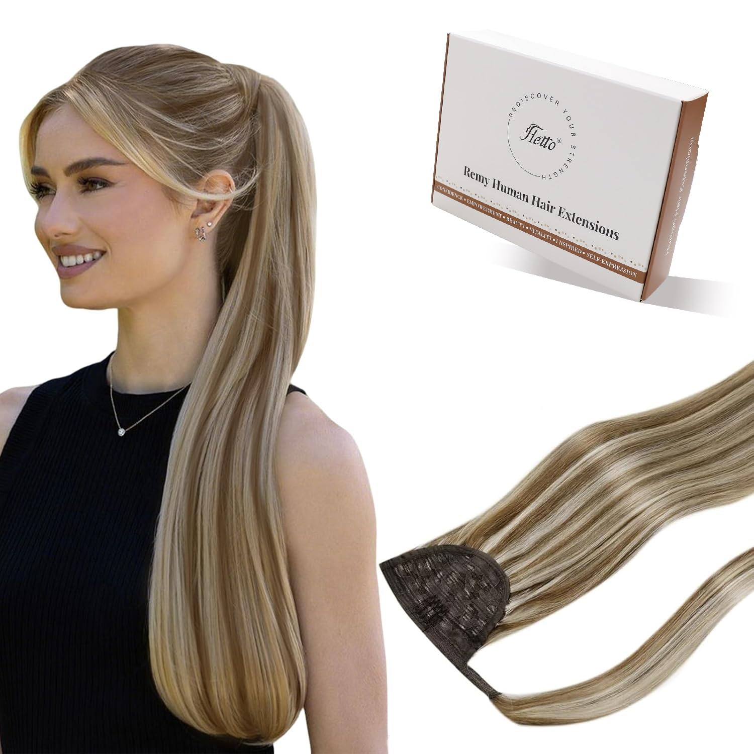 Hetto Ponytail Hair Extensions Real Human Hair Brown Ponytail Extensions Human Hair 20 Inch Blonde Clip in Ponytail Hair Extensions Secure with Comb & Velcro 80g #10/613 — image 1