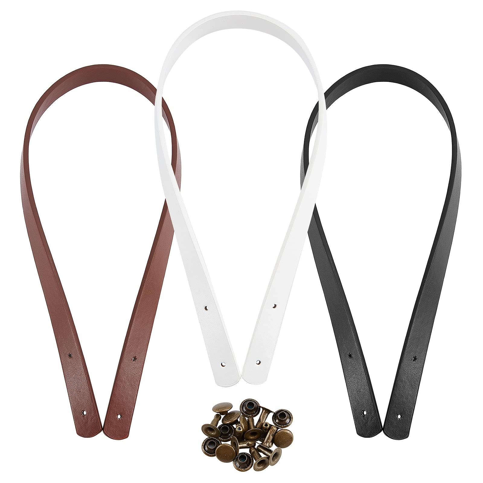 PH PandaHall 3 Pairs 60cm/23.6" PU Leather Bag Handles, 3 Colors Leather Purse Straps Purse Handles Replacement with 15 Sets Rivets Accessories for Shoulder Bag Making Supplies, White/Black/Brown