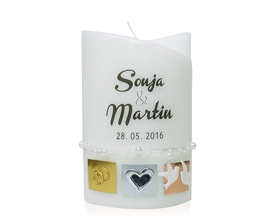 Candleworld-Fulda Hochzeitskerze Doppeloval mit Wachsverzierung in Silber/Rosegold/Gold-Tönen, Perlendraht, H67, personalisie