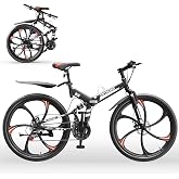 Outroad 26 Inch Folding Mountain Bike, 21 Speed Full Suspension High-Carbon Steel MTB Foldable Bicycle, Dual Disc Brake Non-Slip Adjustable Seat Folding Bikes for Adults/Men/Women, Black, Orange