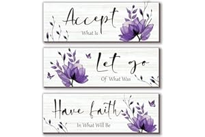 ONIZHITY 3 Pcs Purple Bathroom Decor Rustic Flower Wall Art Accept Let Go Have Faith Farmhouse Bedroom Wall Decor Wooden Inspirational Quotes Decorations for Living Room Bathroom Bedroom(Purple, 12 x 4 Inches)