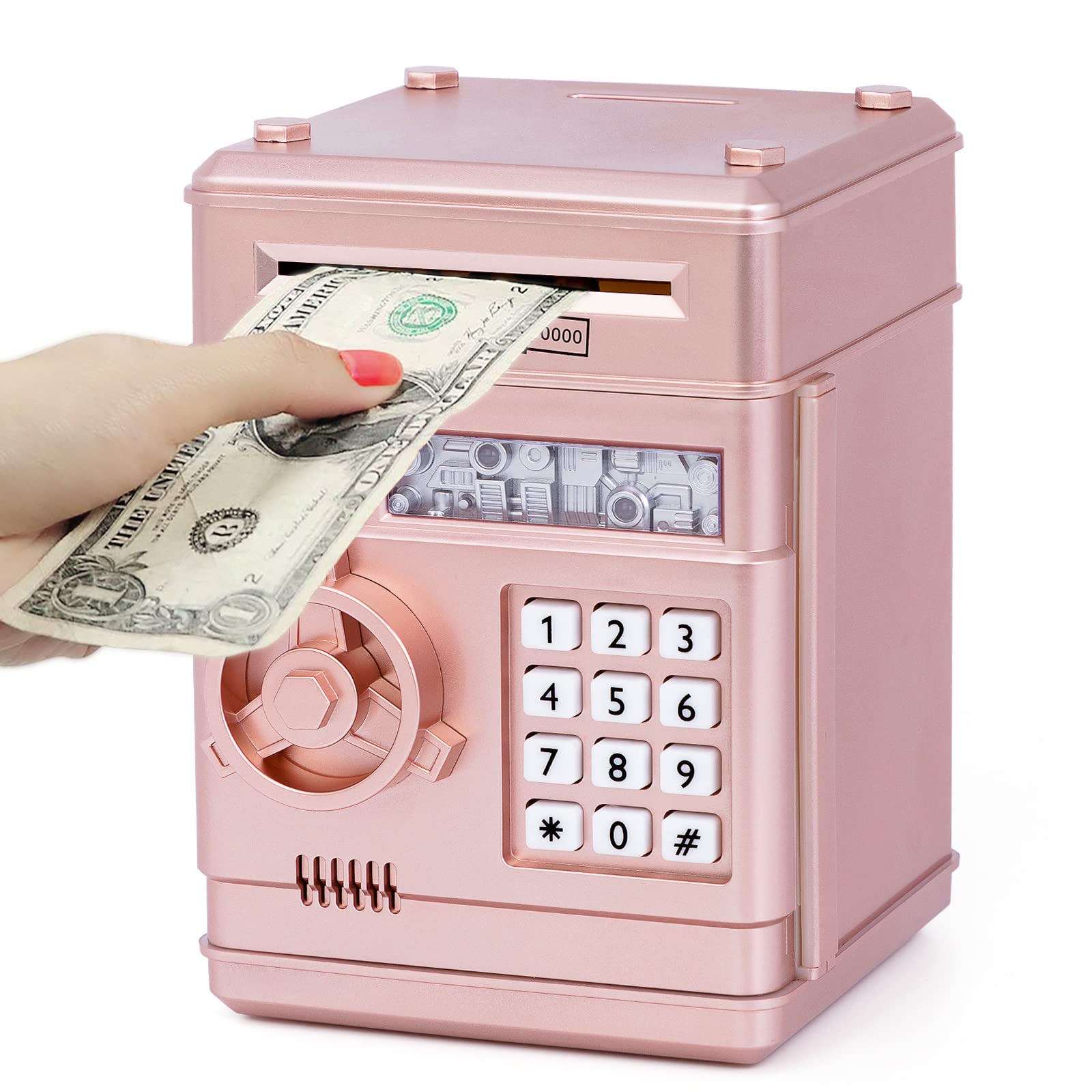 Thedttoy Electronic Piggy Bank Money Safe Password Money Box for Kids Ages 3+, ATM Bank Safe Coin Cash Banks Money Saving Box, Birthday for Boys Girls 3 4 5 6 7 years Old (Rose Gold)