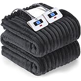 Sealy Electric Blanket Queen Size, Soft Ribbed Flannel to Sherpa Reversible Heated Blanket with Dual Control 10 Heat Settings & 1 to 12 Hours Auto-Off 84"x90" Machine Washable, Charcoal