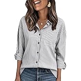 PEHMEA Women's Striped Button Down Shirts Long Sleeve Cotton Blouse with Pocket for Casual Office Daily