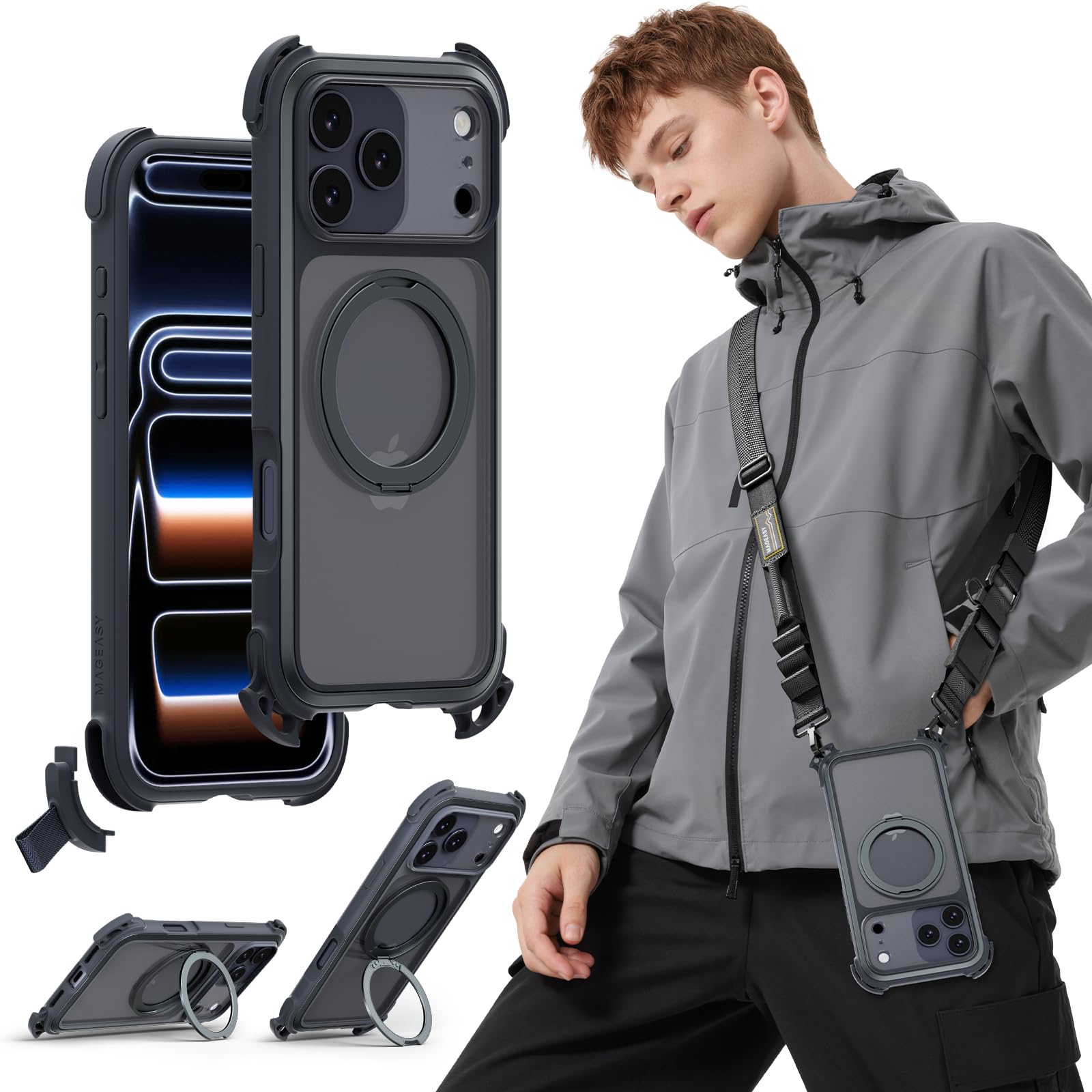 Photo 1 of MAGEASY Compatible with iPhone 17 Pro Max 6.9" Case with 360° Stand - 25ft Ultimate Drop Protection, Work with MagSafe, Crossbody Utility Strap, Aluminum Frame | Odyssey Ultra M (Midnight)