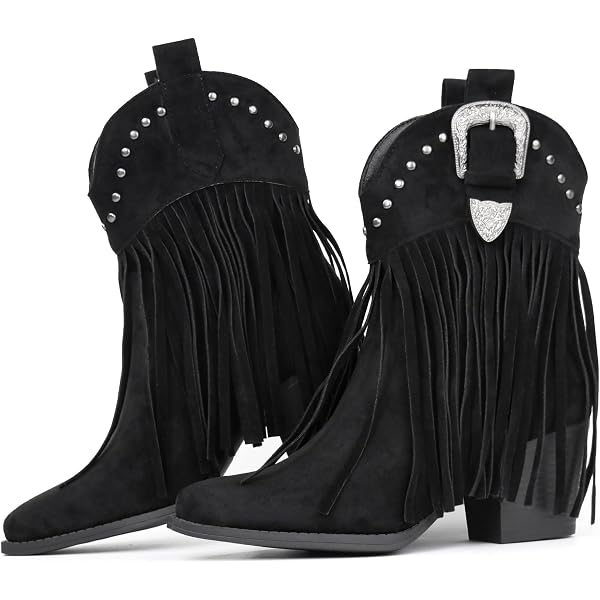LIPIJIXI Women's Tassel Ankle Cowboy Boots - Embroidered Fringe Western Boots With Chunky Heel - View #10