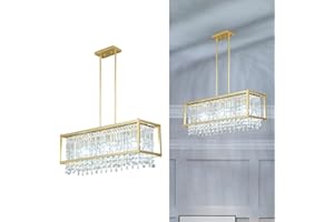 LMQNINE 3-Light Dining Room Light Fixture 30.7 inch Square Lndustrial Farmhouse Chandelier Gold Metal Crystal Pendant Light f