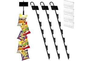 HANGEASE Chip Hanger Strips Hooks Display Hanging 16.5" with 6 Chip Greeting Card Party Merchandise Vendors Potato Bag Holder Snack Candy Portable Retail Organizer Storage Metal with Label Header 4 Pack