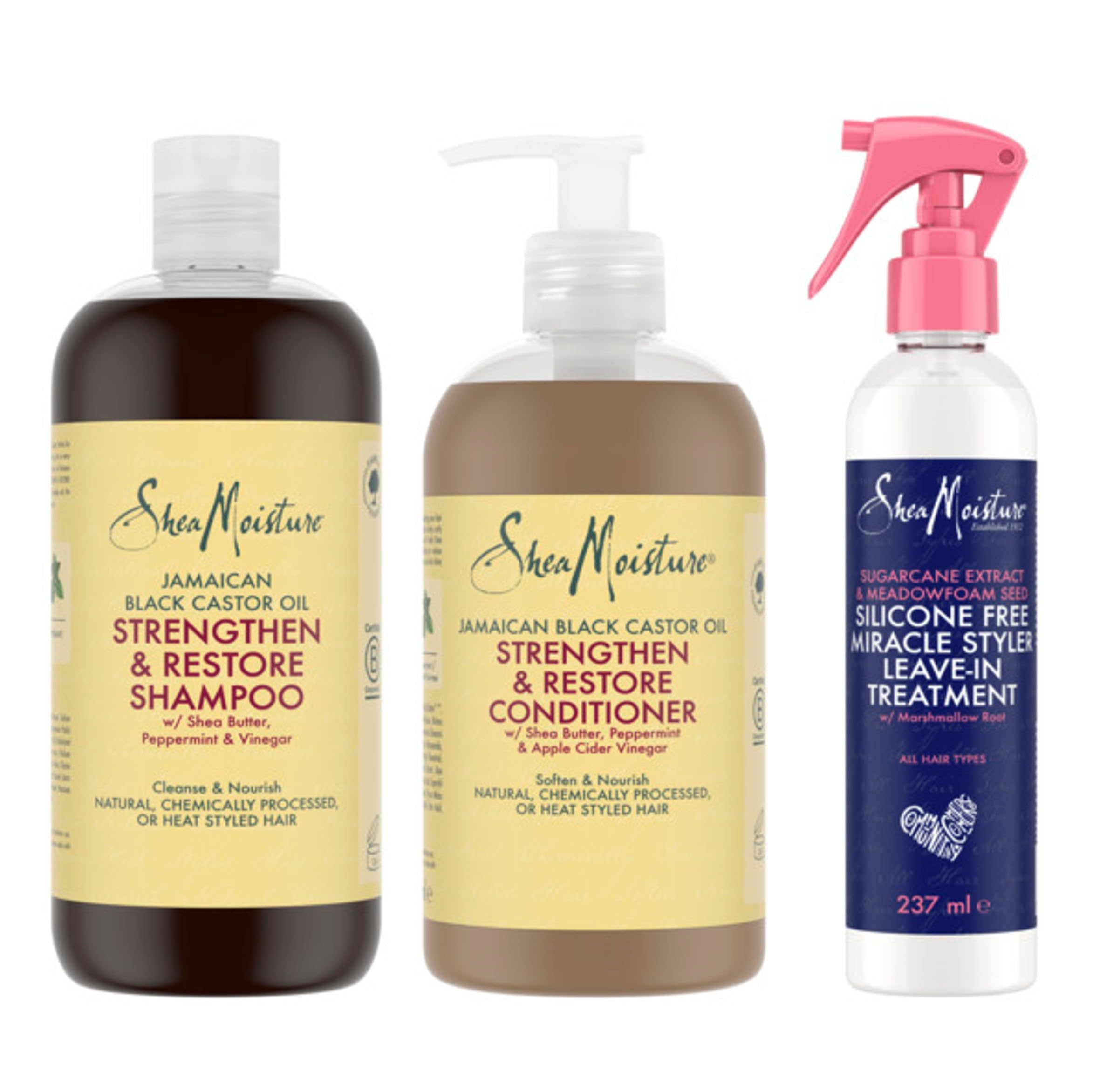SheaMoisture Jamaican Black Castor Oil Strengthen & Restore Shampoo 384 ml + Conditioner 384 ml & SheaMoisture Sugarcane Extract & Meadowfoam Seed Miracle Hair Styler Leave-In Treatment 237 ml