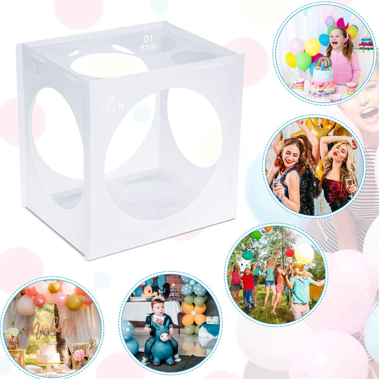 11 Holes Collapsible Plastic Balloon Sizer Cube Box Balloon Measurement Tool for for Birthday Wedding Party Balloon Decorations, 2-10 Inch (1 Piece) - Image 4