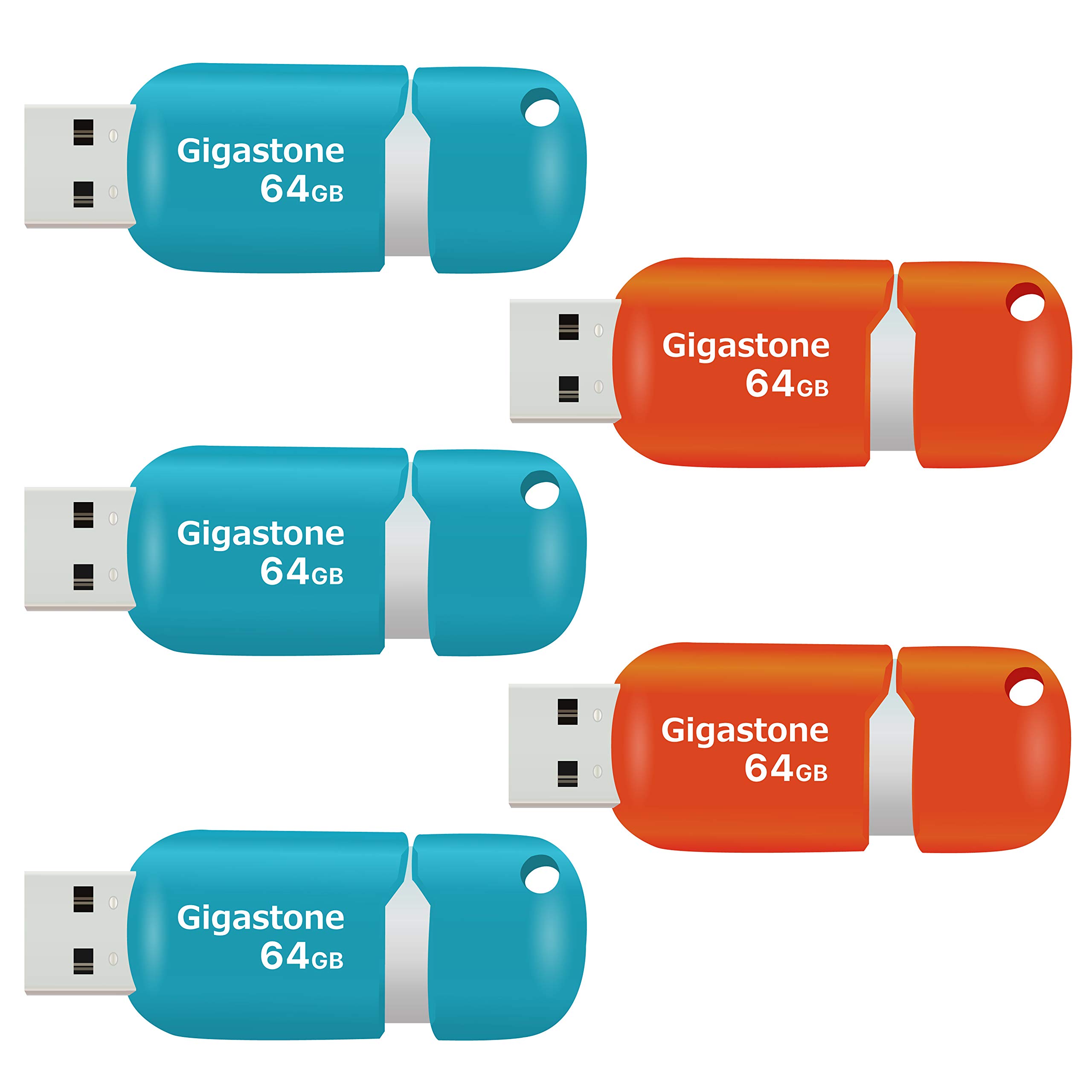 Gigastone V10 64GB 5-Pack USB2.0 Flash Drive 64GB Flash Drive Thumb Drive Memory Stick Pen Drive Capless Retractable Design (Blue&Orange)
