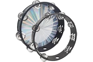 2 pcs 10 inch Radiant Tambourine, DaKuan Tambourines for Adults and Tambourine Ring, Metal Bell, Percussion Musical Instruments, Hand Drum, Music Education, Party (Wooden Double Row)