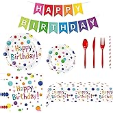 142Pcs Happy Birthday Decorations Set Including Disposable Paper Plates,Napkins,Cups,Tableware,Straws,Tablecloths and Banners Colorful Birthday Decorations Can Accommodate 20 Guests