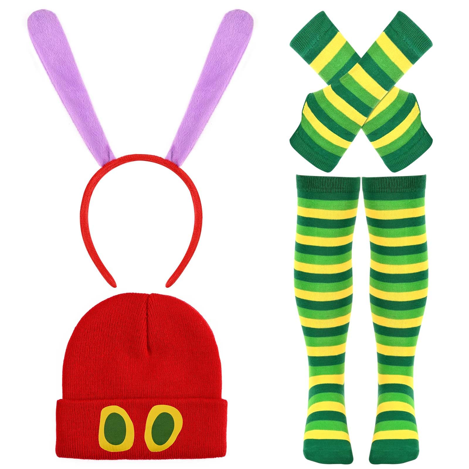 Kavoc 4 Pcs Caterpillar Costume Accessories Kit with Red Knitted Beanie Hat with Eye Twist Stick and Caterpillar Headband Srtiped Socks Gloves for World Book Day Fancy Dress