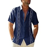 Runcati Mens Short Sleeve Guayabera Shirts Linen Cotton Button Down Mexican Embroidered Cuban Wedding Shirt Summer Beach Tops