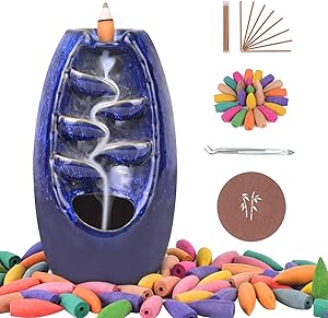 SPACEKEEPER Waterfall-Incense-Burner,Ceramic Backflow Incense Holder, Aromatherapy Ornament Home Decor with 120 Backflow Incense Cones + 30 Incense Stick, Navy