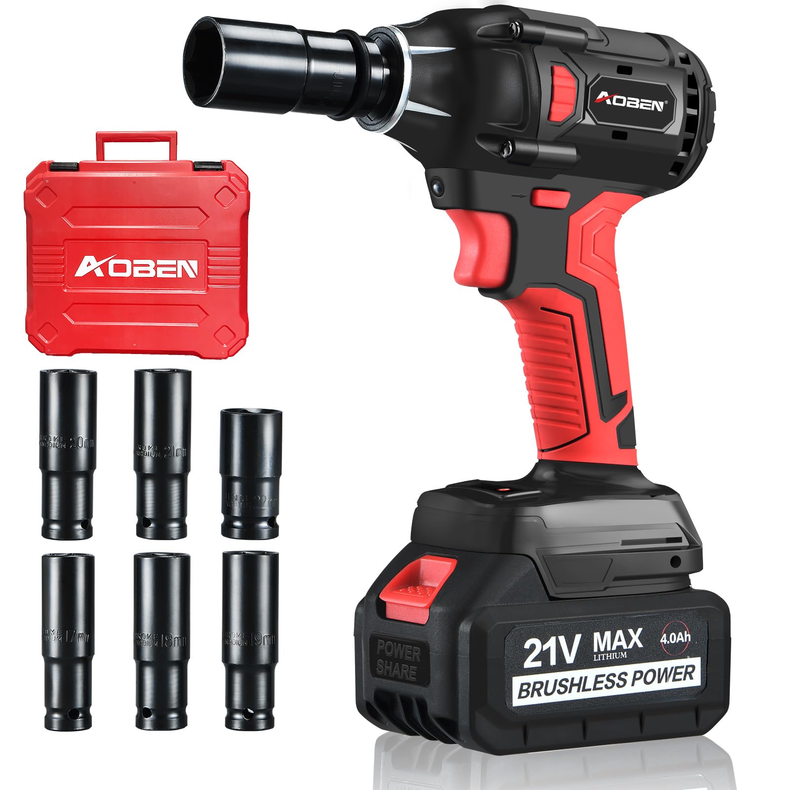 AOBEN 21V Cordless Impact Wrench, 400N.m Max Torque, 3000rpm Speed, 4.0Ah Li-ion Battery, 6Pcs Driver Sockets, Fast Charger, Tool Bag