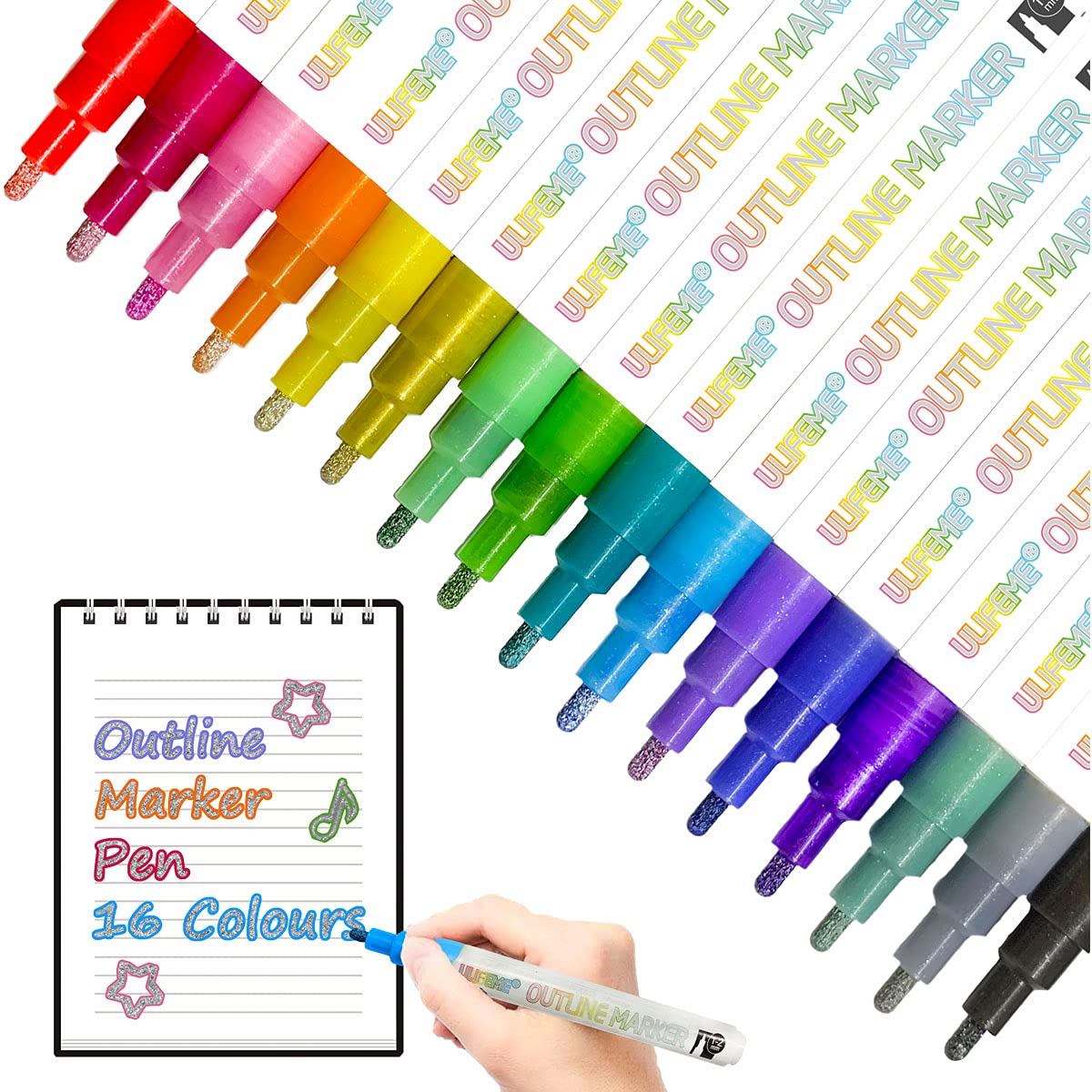 Ulifeme Outline Pens, 16 Colours Outline Marker Pens for Gift Card Writing, Birthday Greeting, Kids Painting, DIY Art Crafts or Party Drawing, 1mm to 3mm Smooth Writing Double Line Pens for Children