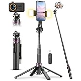 ACKIMA 53'' Selfie Stick Tripod with Light, Enhanced 4-Leg Cell Phone Stand Camera Tripod with Rechargeable Wireless Remote & 2 Fill Light, Portable Selfie Stick Travel Essentials for iPhone Android